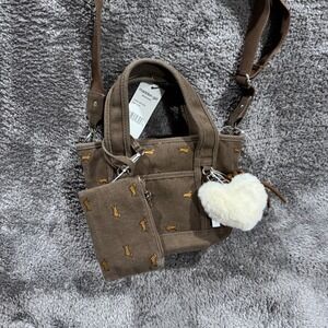 Madden Girl Dark Brown Canvas Mini Tote Bag Dachshund Dog Embroidered MG253305